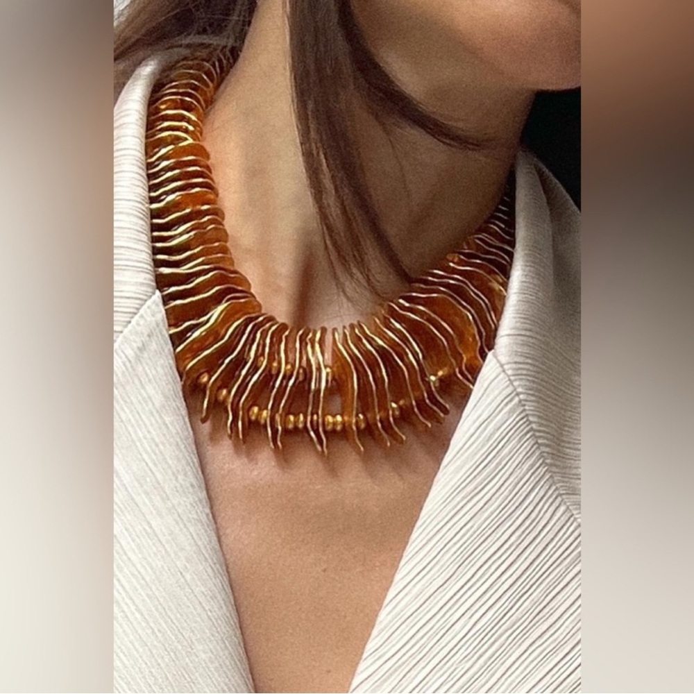 Zara gold-tone metal pieces necklace w matching beads. Chunky Statement NWT